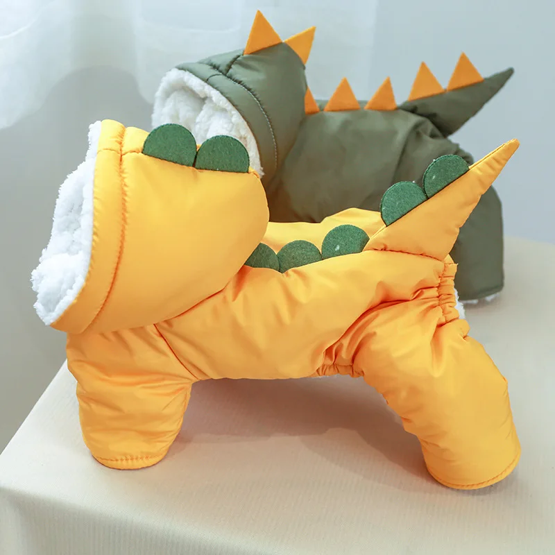 Cute Dog Luxury Clothes Green Yellow Dinosaur Dog Coats Pet Clothes Winter Warming Proof Wind Dog Apparel Clothes details