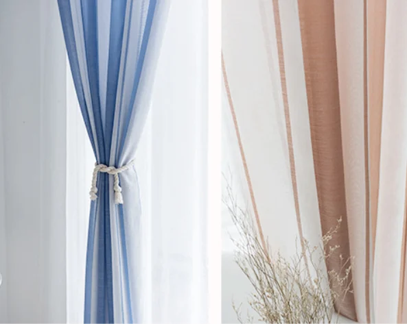Manufacturer direct sales simple striped sheer window curtain Nordic style ready made voile curtain  for bedroom