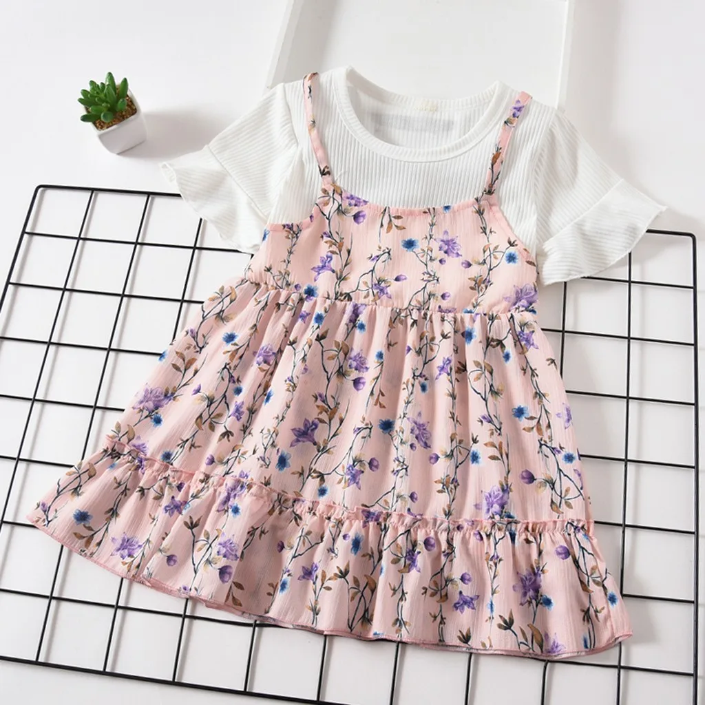 Summer Toddler Baby Kids Girls Fly Sleeve Solid Dress Clothes Dresses Clothes US 