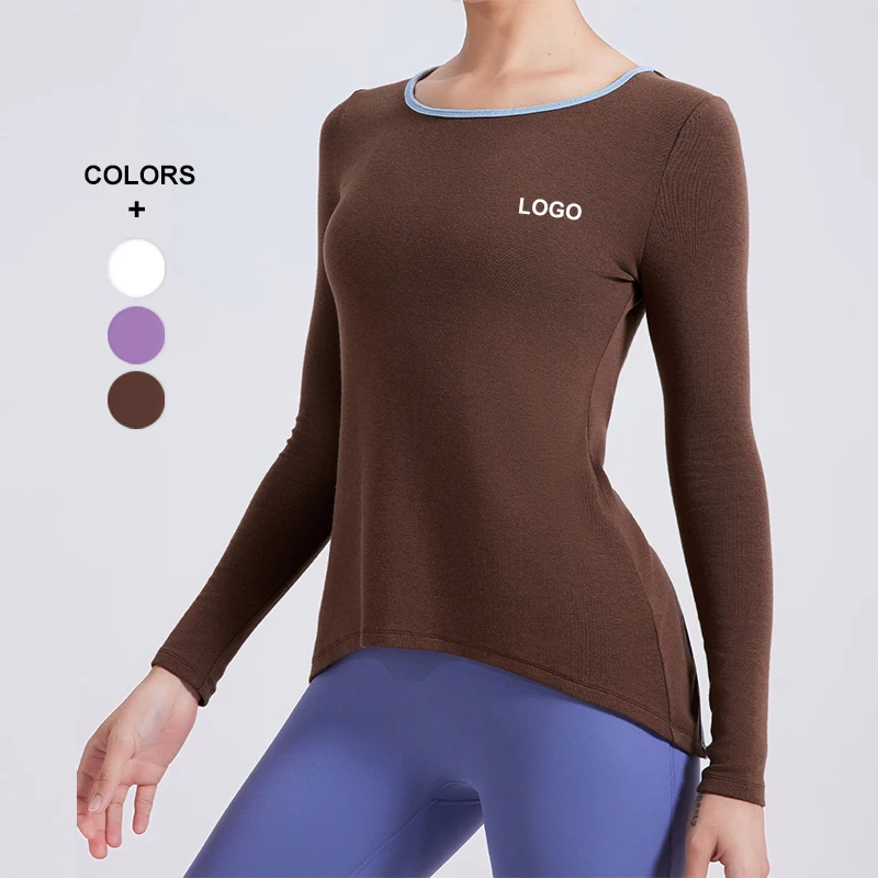 Wholesale Breathable Solid Color Outdoor Running Sports T Shirt Long Sleeve Back Split Yoga Tops Casual Fitness Shirt For Womens