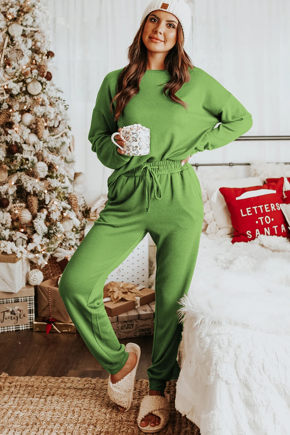 Dear-Lover Spinach Green Long Sleeve Pullover Jogger Pants Set Women's Pajamas
