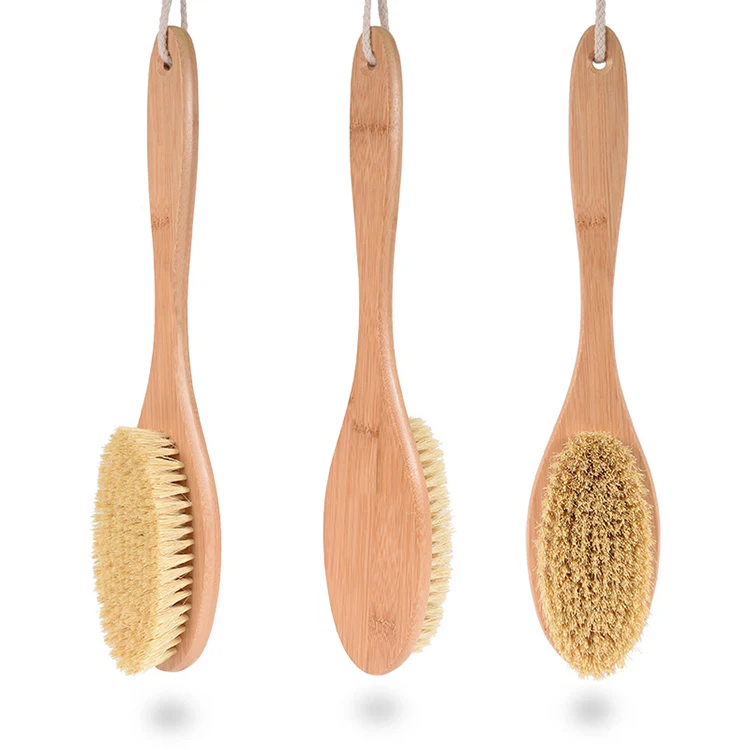 Customized wooden polyester belt sisal hemp body brush long handle wooden bath brush with handle