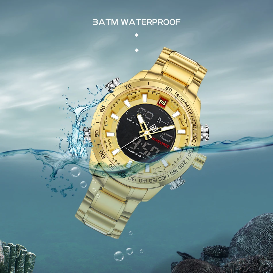 Naviforce 9093 Business Dual Display Wrist Watch Stainless Steel Week