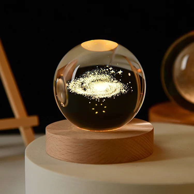 60mm Glass Solar System Planet Sphere 3D Laser Engraved Galaxy Crystal Ball with Wood LED Light Night Lamp for home decor