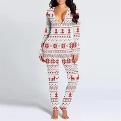 Women's Christmas Pajamas Long Rompers Printed Long Sleeve V Neck Button Down Slim Fit Jumpsuit Sleepwear Loungewear Outfit