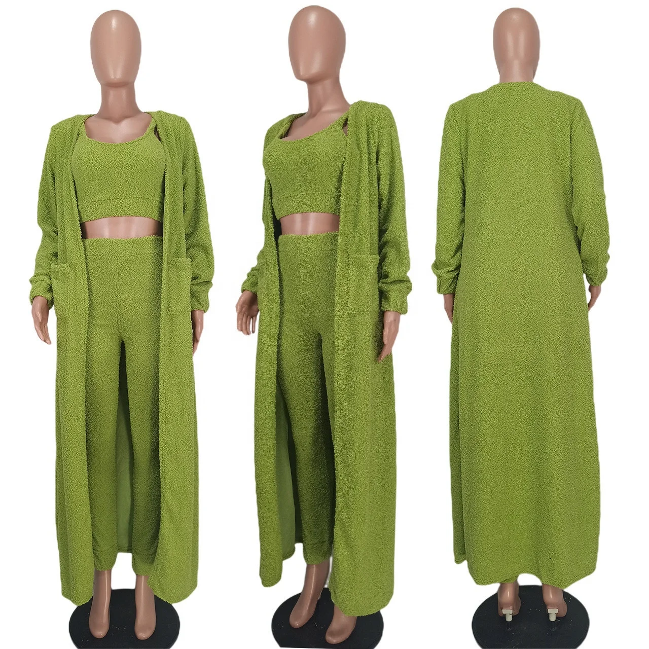 Women 3piece Set Crop Tops+High Waist Pants+Long Cardigan Concise Elegant Office Lady Matching Suits