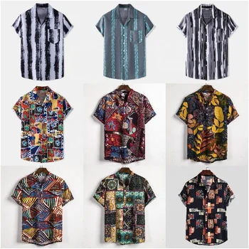 In Stock Men's Summer Casual Plus Size Cotton Polyester Tropical Floral Printed Button Beach Hawaiian Shirts