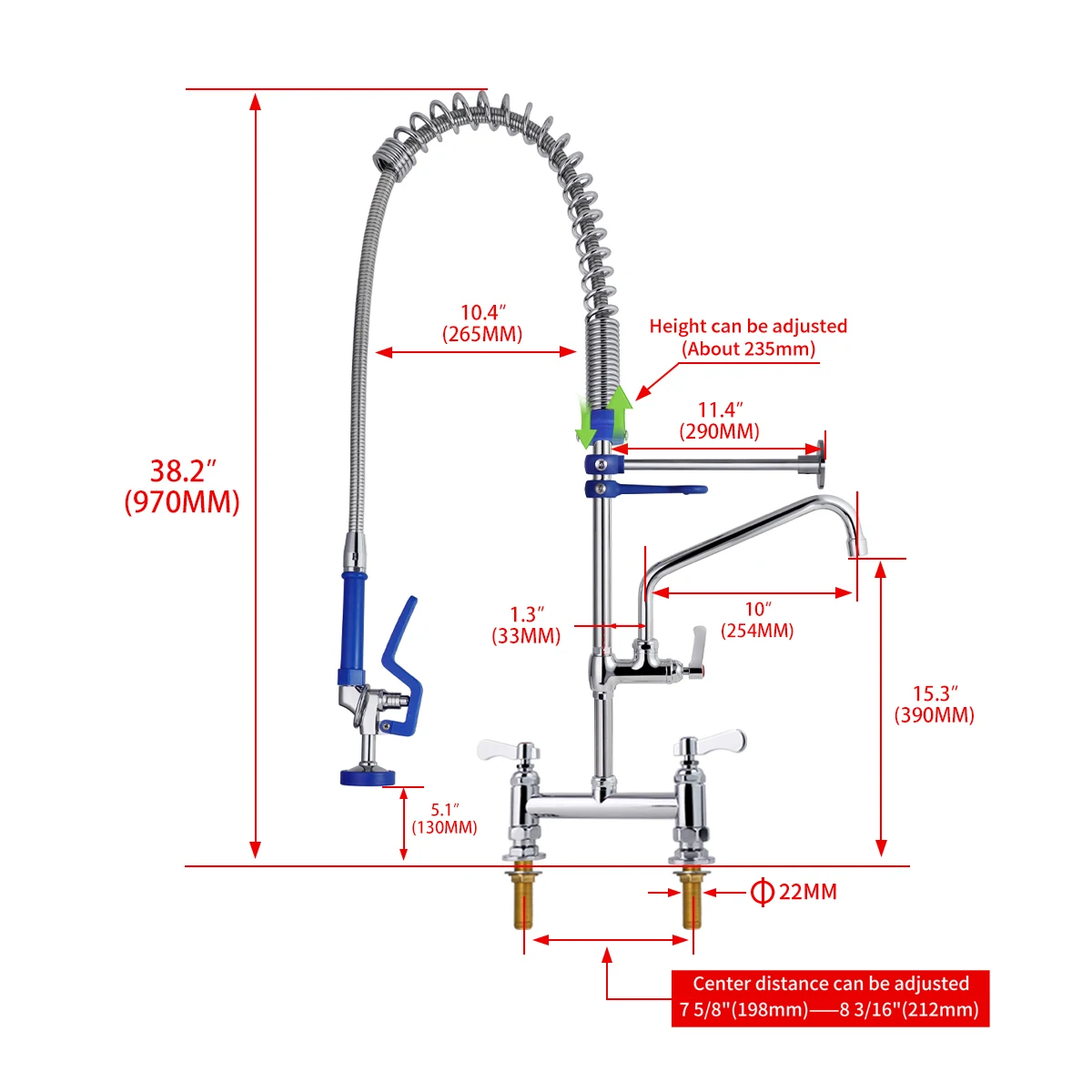 Dual Handle Commercial Industrial Kitchen Faucet Sprayer Short Type Pre-Rinse Hot Cold Water Stainless Steel Wall Mount 2 Holes manufacture