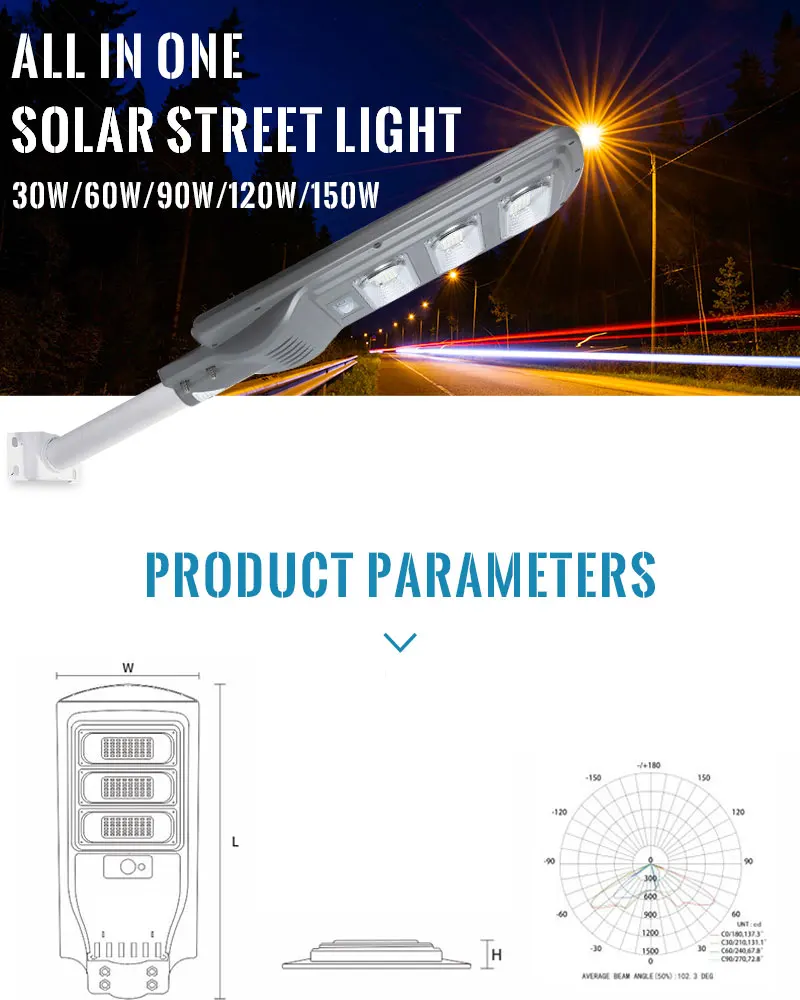 Super bright ABS solar lamp Outdoor solar led street light IP65 Waterproof 30w 60w 90w Integrated All In One Solar Street Light