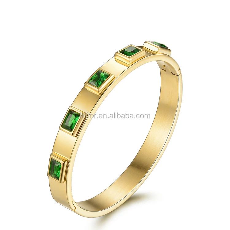 High Quality 18K Gold Plated Stainless Steel Jewelry Square Green Zircon Crystal Bracelets DB172001 4