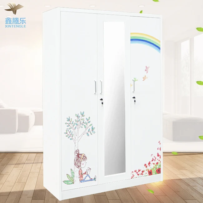 Metal Home Wardrobe 3-Door Steel Storage Cabinet with Flower Print Living Room Bedroom Furniture Closet Almirah Clothes Items