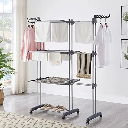 product movable household folding telescopic metal double pole clothes drying rack floor standing towel drying rack-3