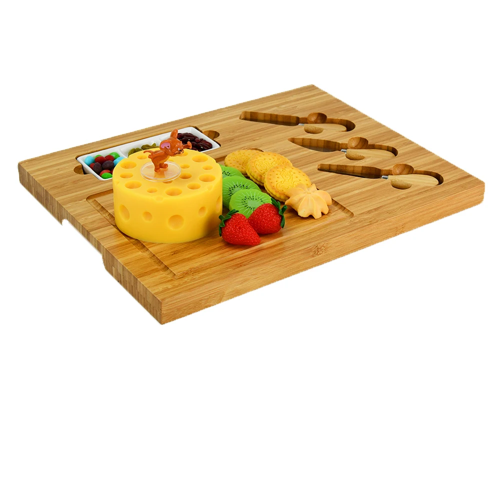 Wholesale wood Hot Sale Unfinished Durable Yangjiang Smirly Bamboo Square Cheese Board Knife Set With Bowls