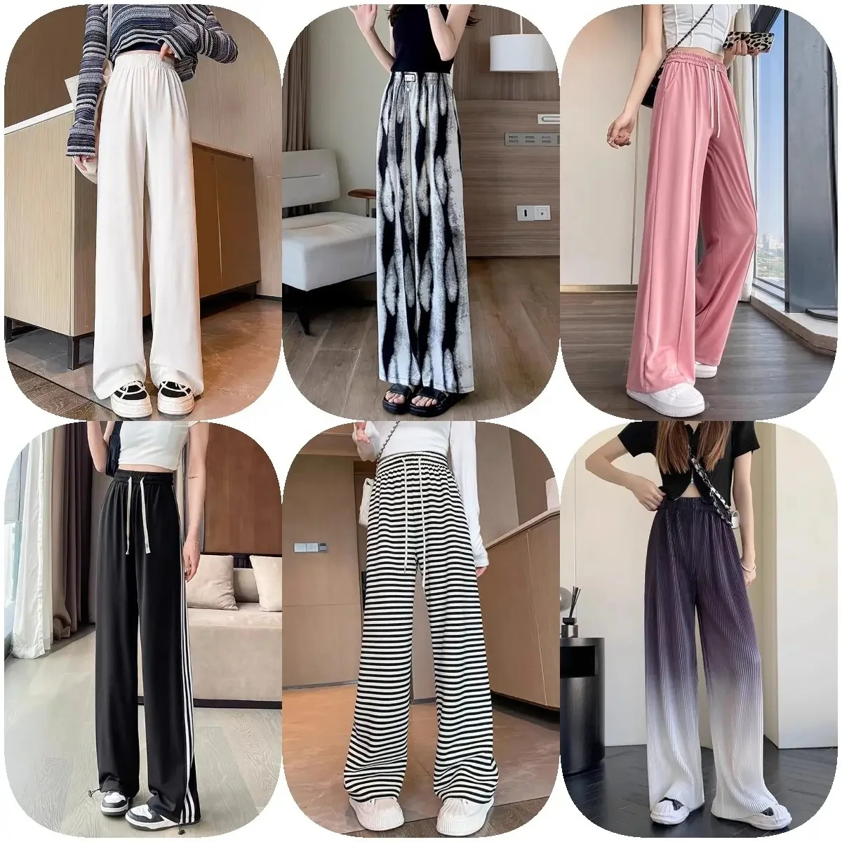 Women's wide-leg slacks with pocket lightweight high-waisted adjustable tie knot slacks