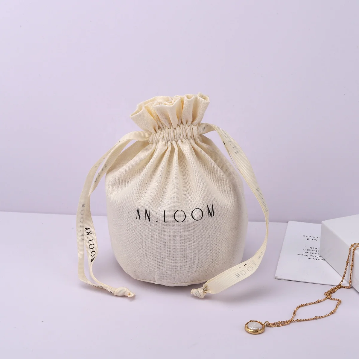Custom Logo Printed Round Bottom Cotton Linen Candle Pouch Drawstring Muslin Gift Candle Packing Cotton Bag