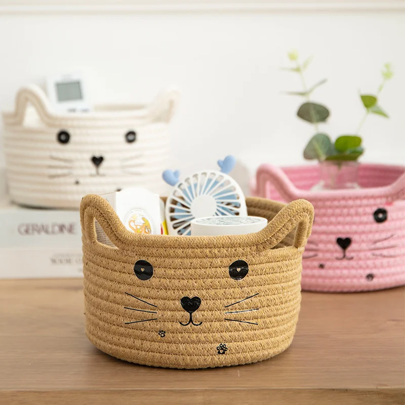 HUAYI 2024 New  cotton rope woven mini food storage basket Cat ear basket  for home restaurant hotel