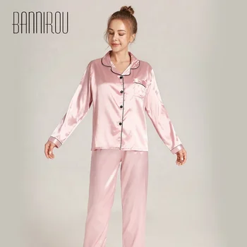 Spring Autumn Women's Pajamas Pyjamas 2 Piece For Women Silk Sleepwear Set