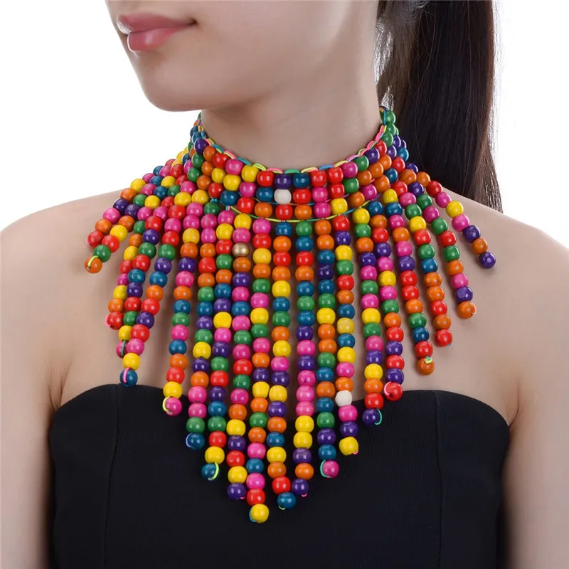 Fashion Jewelry Chain Wood Beads Collar Cluster Statement Pendant Bib Necklace 