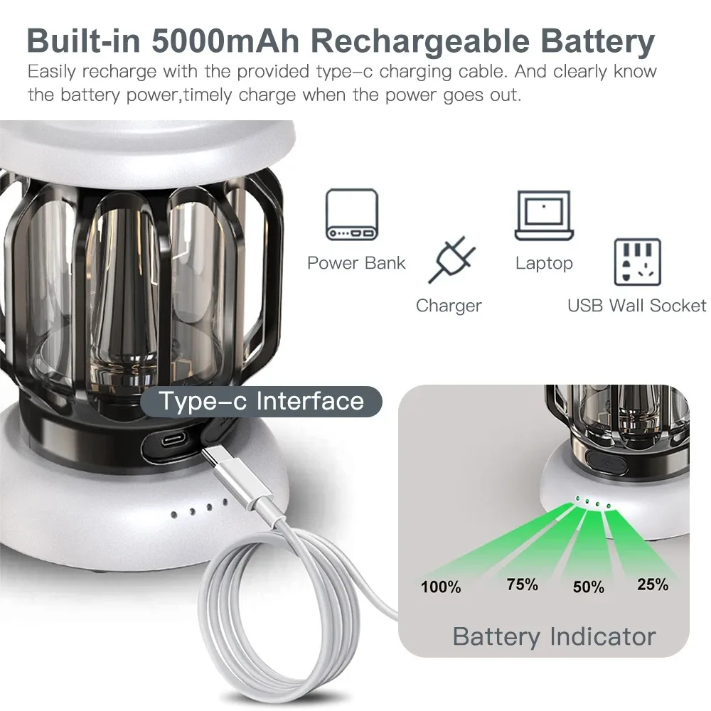 Retro Camping Lamp With Hanging Portable Outdoor Large Capacity Battery LED USB Rechargeable Camping Lighting