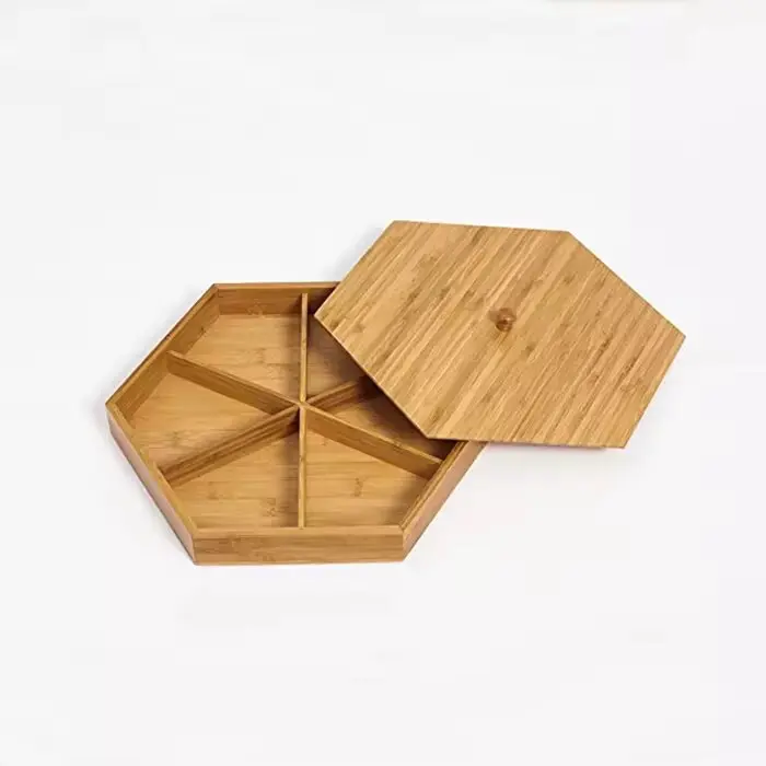 product 6 compartments bamboo wooden food tray snack tray set nut and candy serving tray with cover-4