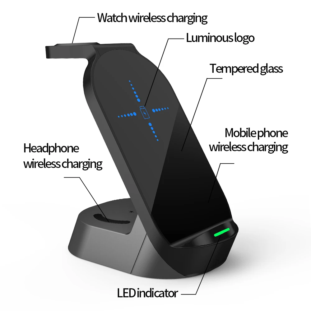Portable Desktop QI Mobile Phone 3 in 1 4 3 in one 15W Fast Charging Station Phone Holder Stand Wireless Charger for Mobile