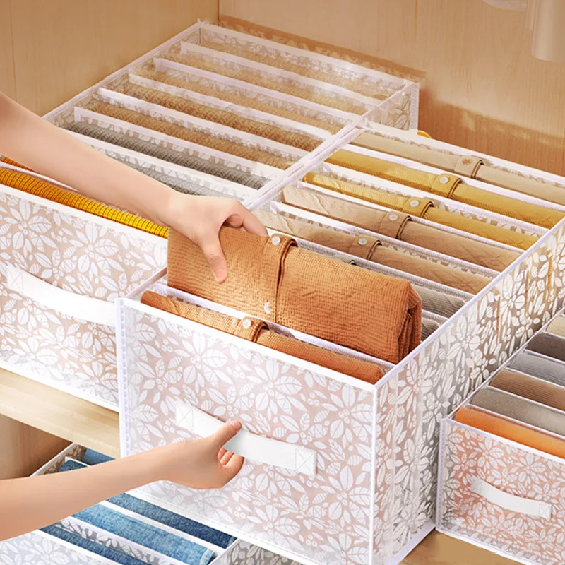 Whosale Home Organizer Jeans Closet Clothes Mesh Separation Box Drawer Divider Can Washed foldable underwear pants storage box
