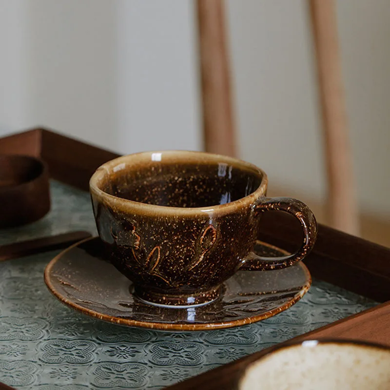 Creative hand painted kiln change glaze ceramic latte cup Medieval coffee tea cup set with saucer