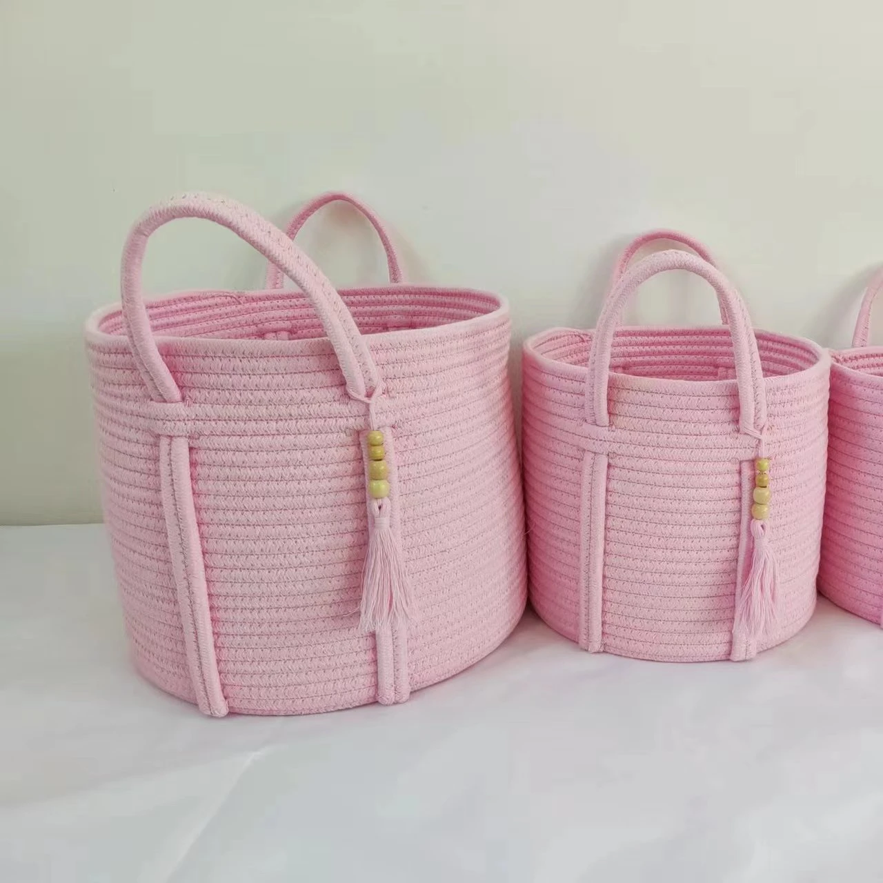 Handmade Eco-Friendly  Bright Pink Color Coiled Large Cotton Rope Nursery Blanket Laundry Hamper Basket