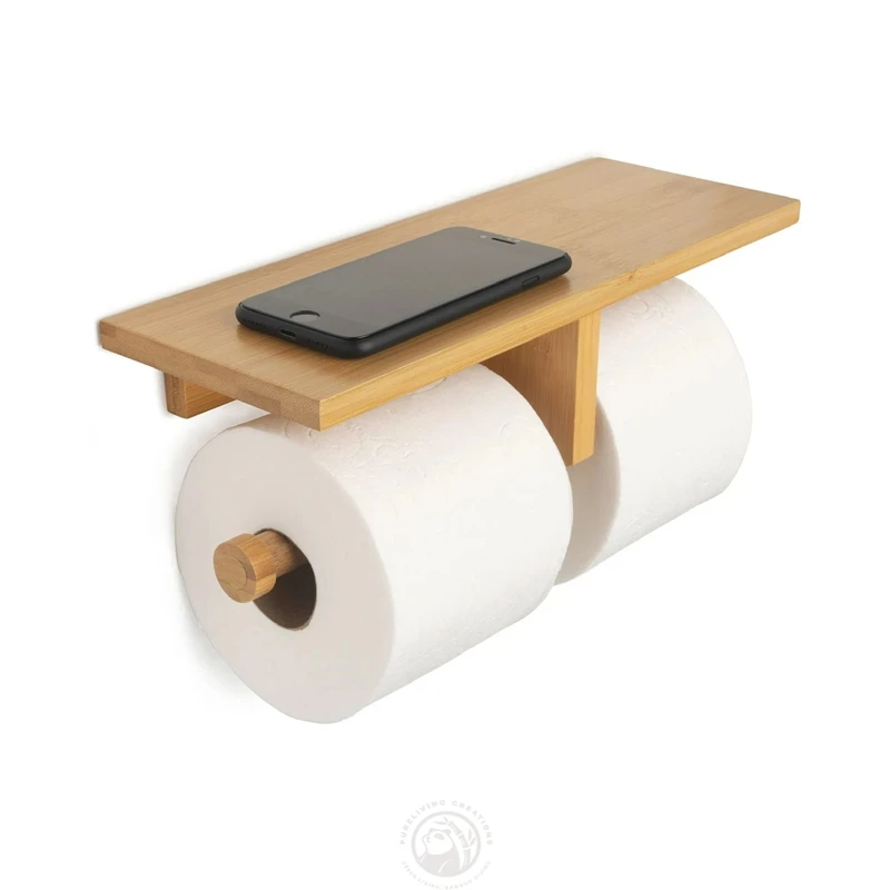 Bamboo Double Dual Toilet Paper Holder with Convenience Shelf Tray Modern Hanging Wall Mount for Toilet Paper Phone