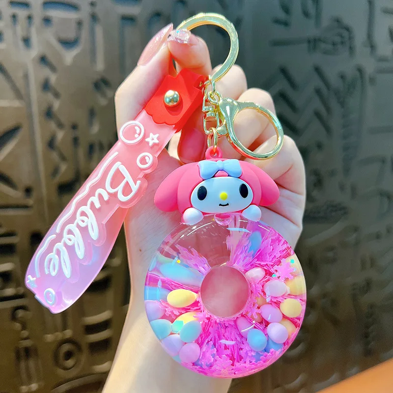 New Cartoon Oil Into Quicksand Bottle Sanrioed  Keychain Cute Floating Bubble Beads Drifting Key Chain Sanrioed Liquid Keychain