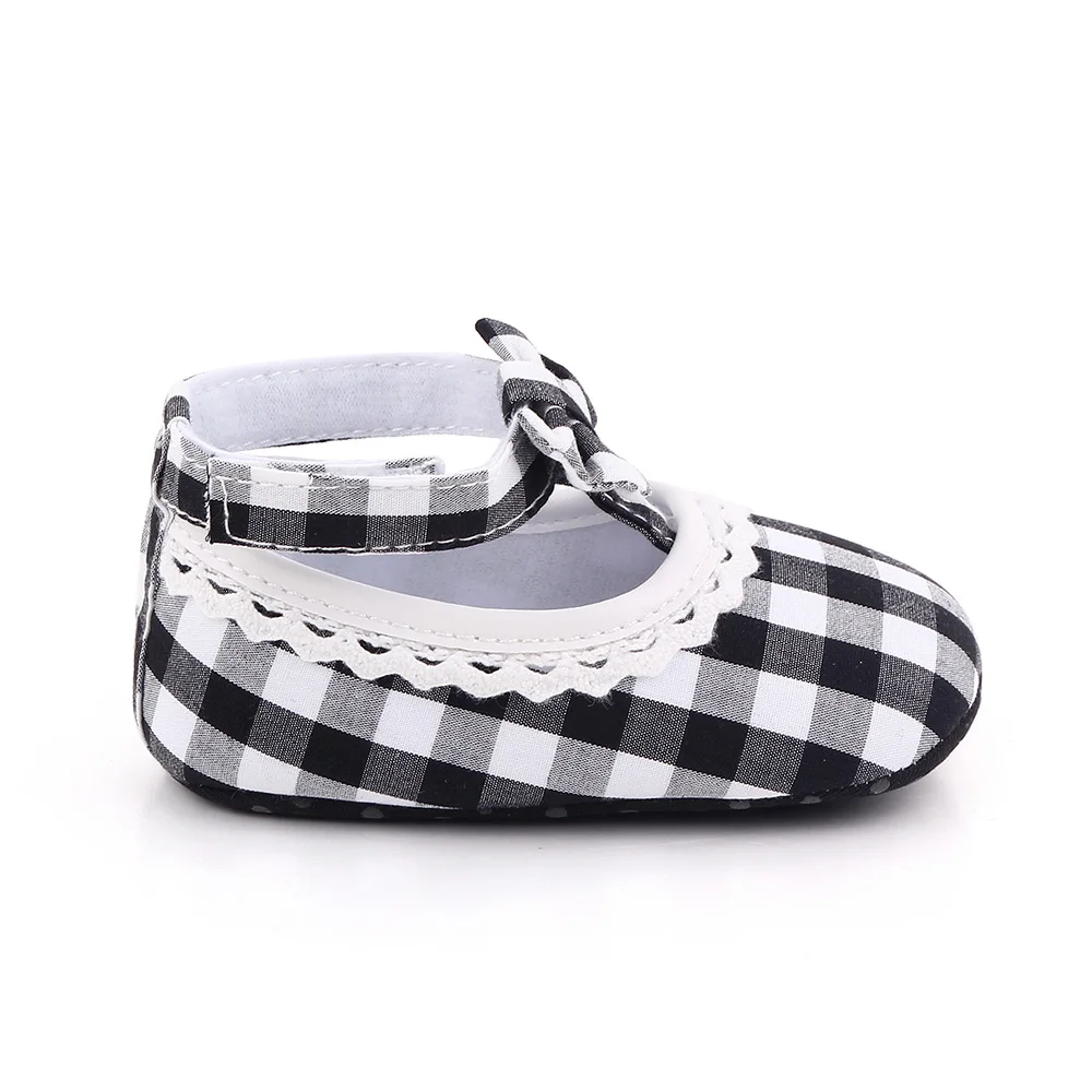 Color Matching Plaid Bow Wavy Lace Soft Soled Baby Girls Cute Princess Toddler Shoes details
