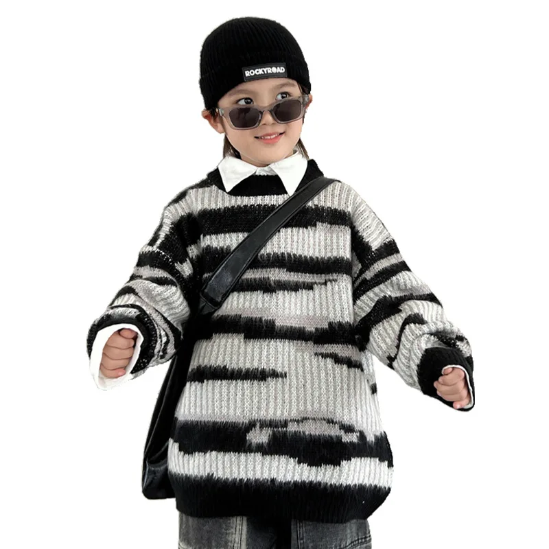 Fall and Winter 2023 Children's Sweater Irregular striped bristles thickened boy and girl baby crewneck sweater loose outer top