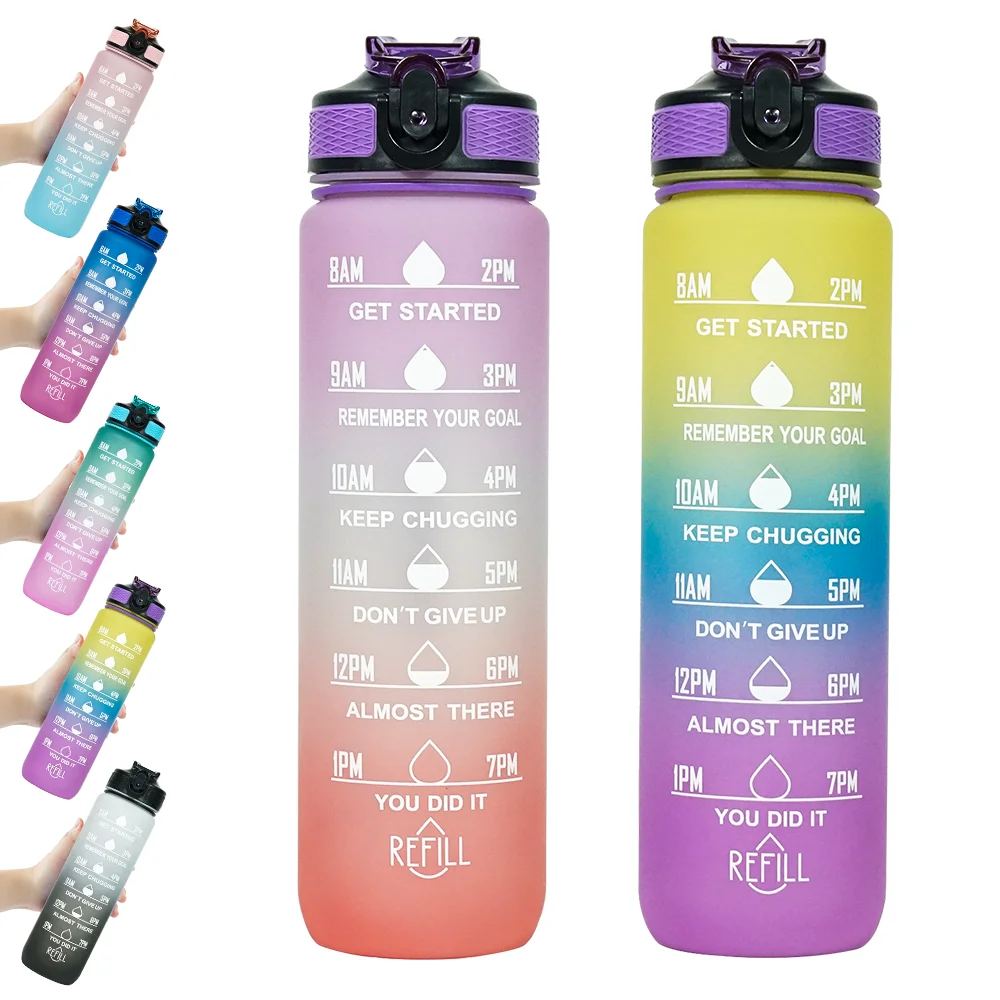 Frosted Tritan Plastic Bottle 1Liter Marked Design 32 oz Motivational Water Bottle With Time Marker Reminder
