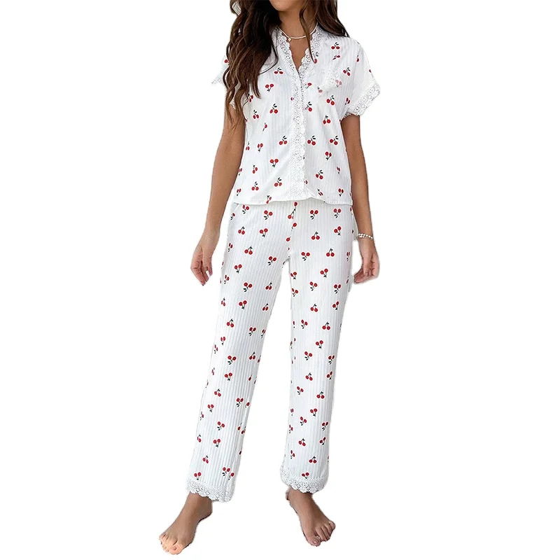 European American Women's Elegant Autumn Winter Pajamas Sexy V-Neck Lace Cherry Print T-Shirt Slim Fit Long Pants