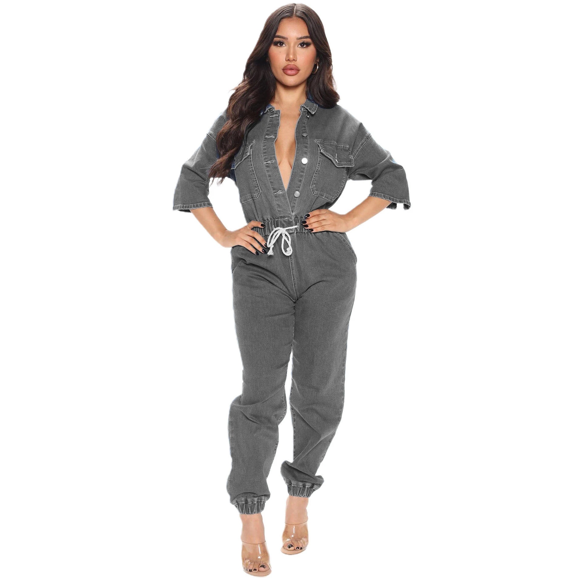 Hot Sale Plus Size Loose Jeans Rompers Casual Style One Piece Jumpsuit for Women Autumn Denim Outfits Wholesale Clothing supplier