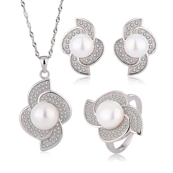 Wholesale beautiful women jewelry zircon moissanite 925 sterling silver ring pendant necklace pearl earrings set