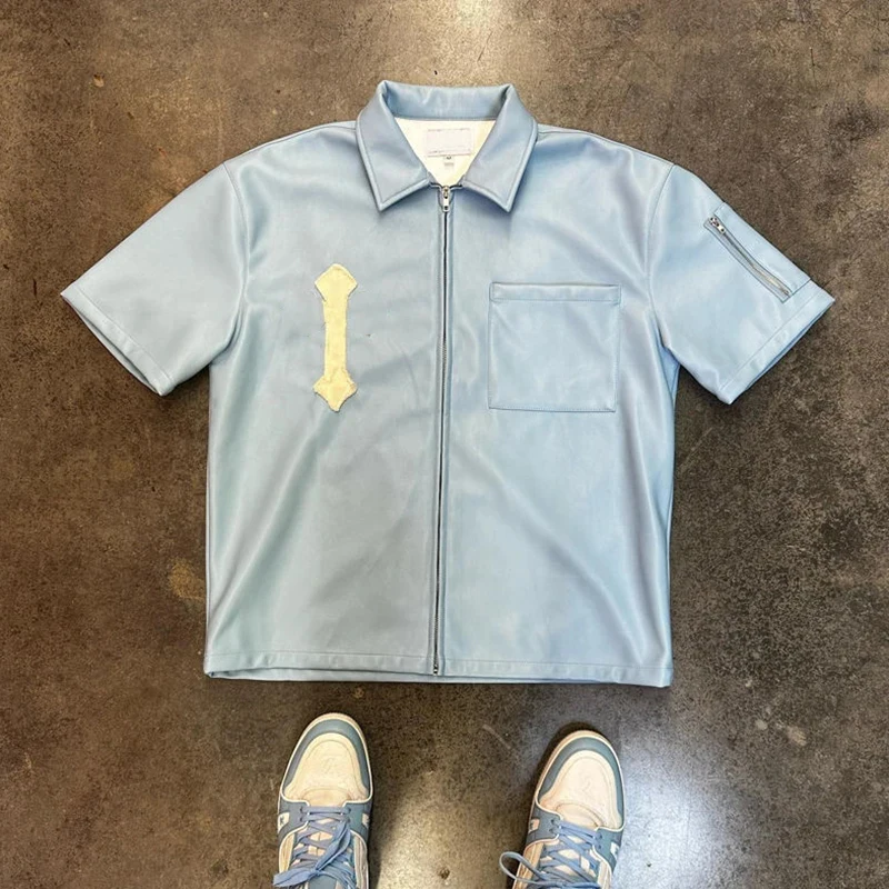product custom vintage distressed applique embroidery pu leather shirt high quality short sleeve hip hop pu leather shirt for men-3