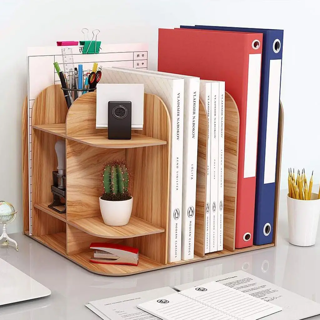 product wooden desktop bookshelf and desk organizer countertop bookcase folder storage rack display for kitchen living room-7
