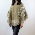 Knitted Cape Women's Zig-Zag Knitted Sweater Poncho Cape Shawl Tassel Fringed Pullover Tops