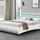 Modern Wooden White Double Size Upholstered Faux Leather Bed With Led On Headboard
