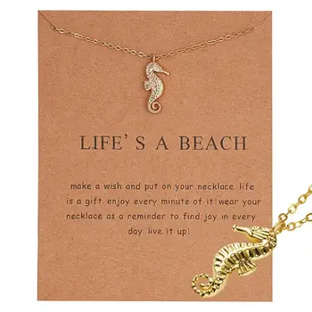 Personalized Charm Young Girl 14k Gold Plated Hammered Moon Sea Horse Smile Face Pendant Wish Card Necklace For Women