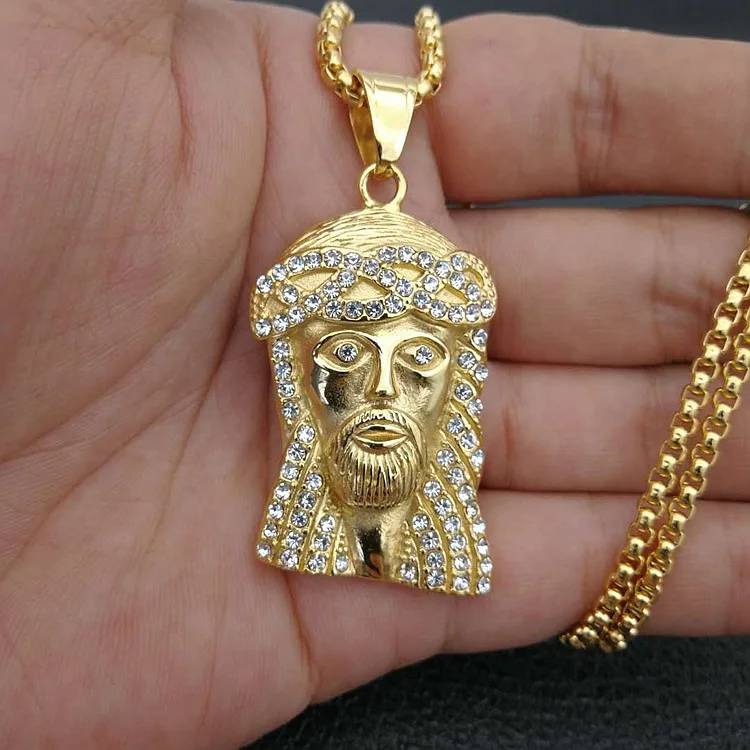 Large Polished Gold Jesus Piece Heavy Pendant With Chain 