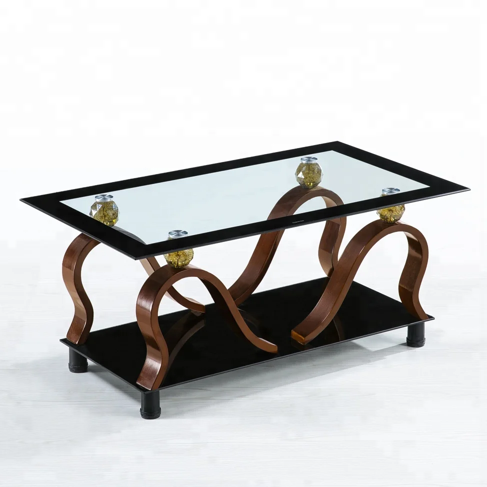Tempered Glass Coffee Table with Wave Wood Legs Living Room Furniture