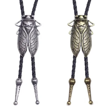 Vintage Women Men Braided Cow Leather Rope Bronze Antique Silver Cicada Pendant Necklace