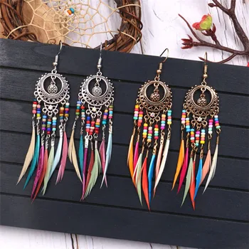 New Fashion Vintage Ethnic Boho Rainbow Color Dangle Tassel Earrings Seed Bead Feather Earrings for Women Girls