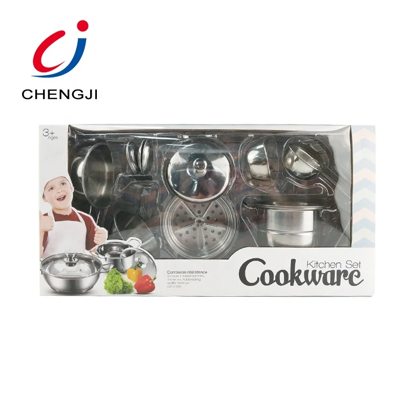 Hot selling tableware ketchin ware cookware set kitchen realistic metal cooking stainless steel kitchen set toy