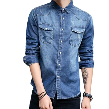 Wholesale Spring Cowboy Denim Jeans Shirts For Men Slim Long Sleeve 100% Cotton