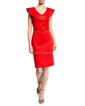 Belted cape-overlay red sheath dress boutique
