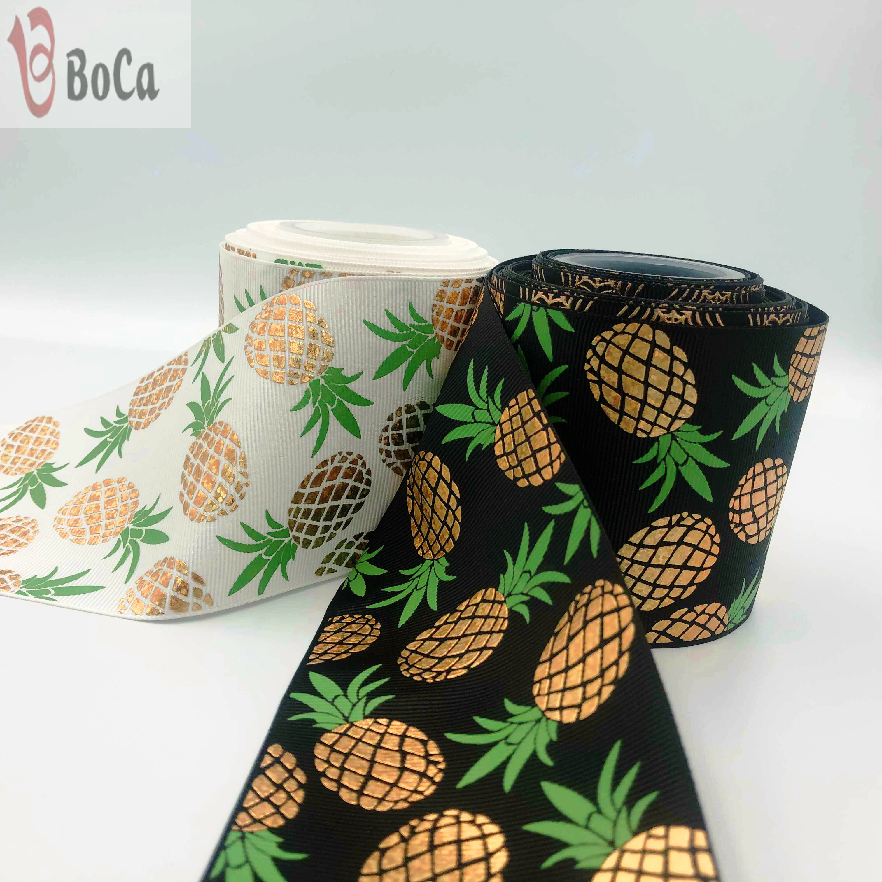 3&quot;(75מ"מ) Gold Holographic Pineapple  Foil Printed Grosgrain Ribbon holographic foil