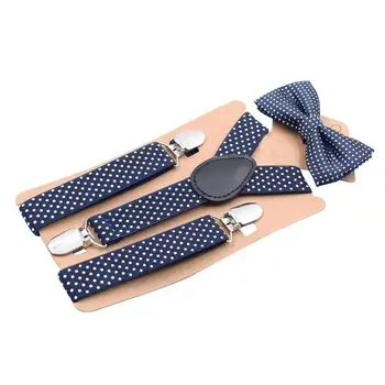 Cute Suspenders and Bow Tie Blue White Dot Elastic Y-Shape Adjustable Braces Solids Suspender for Kids KJ305